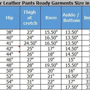 May include: A size chart table titled Regular Leather Pants Ready Garments Size in Inches. The table lists measurements in inches for sizes XS through 7XL, including waist, full length, hip, thigh, knee, ankle, inseam, and waist to crotch front and back.