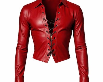 Mens Red Genuine Leather Lace-Up V-Neck Shirt, Slim Fit Streetwear Top