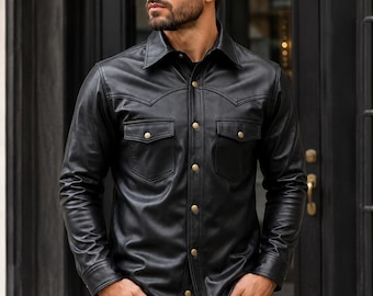 Men's Black Leather Western Shirt, Slim Fit Handmade Cowhide Snap Button