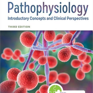 Puede incluir: Portada de un libro de texto titulado "Davis Advantage for Pathophysiology" con el subtítulo "Introductory Concepts and Clinical Perspectives". La imagen muestra células esféricas rojas y estructuras moradas. El logotipo del editor está en la esquina inferior izquierda.