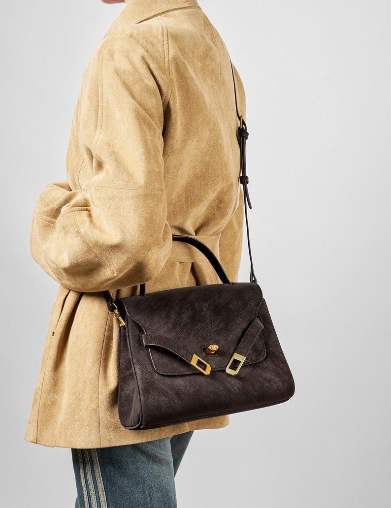 Vintage Leather Top Handle Satchel, Handmade Cowhide Crossbody Bag, Classic Structured Leather Handbag, Everyday Minimalist Purse image 4