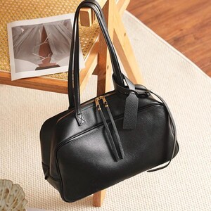 Large Leather Work Tote Bag, Handmade Cowhide Bowling Bag, Travel Carryall Purse, Structured Everyday Shoulder Bag image 7
