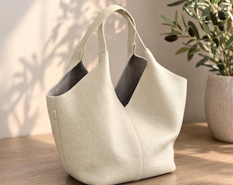 Leather Tote Bag for Women, Cowhide Shoulder Tote, Minimalist Work Bag, Large Everyday Shopper Purse, Soft Leather Handbag