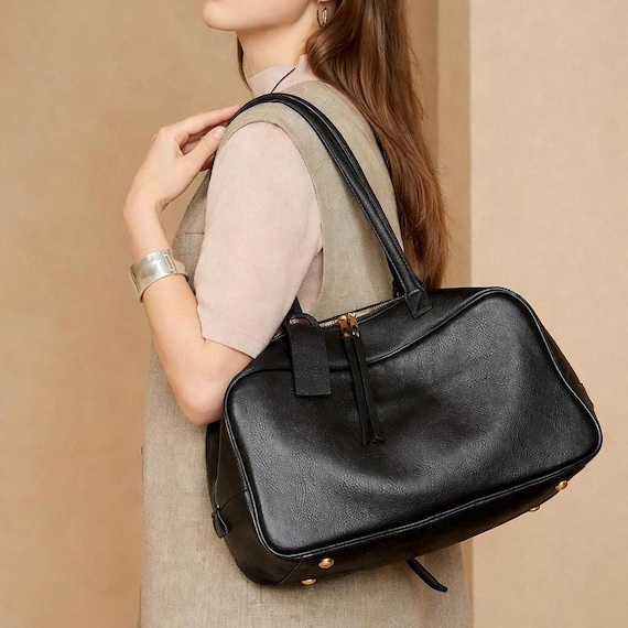 Large Leather Work Tote Bag, Handmade Cowhide Bowling Bag, Travel Carryall Purse, Structured Everyday Shoulder Bag