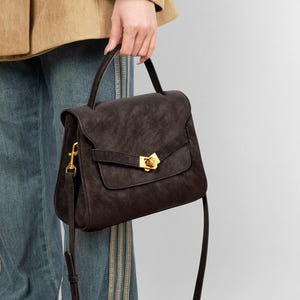 Vintage Leather Top Handle Satchel, Handmade Cowhide Crossbody Bag, Classic Structured Leather Handbag, Everyday Minimalist Purse image 16