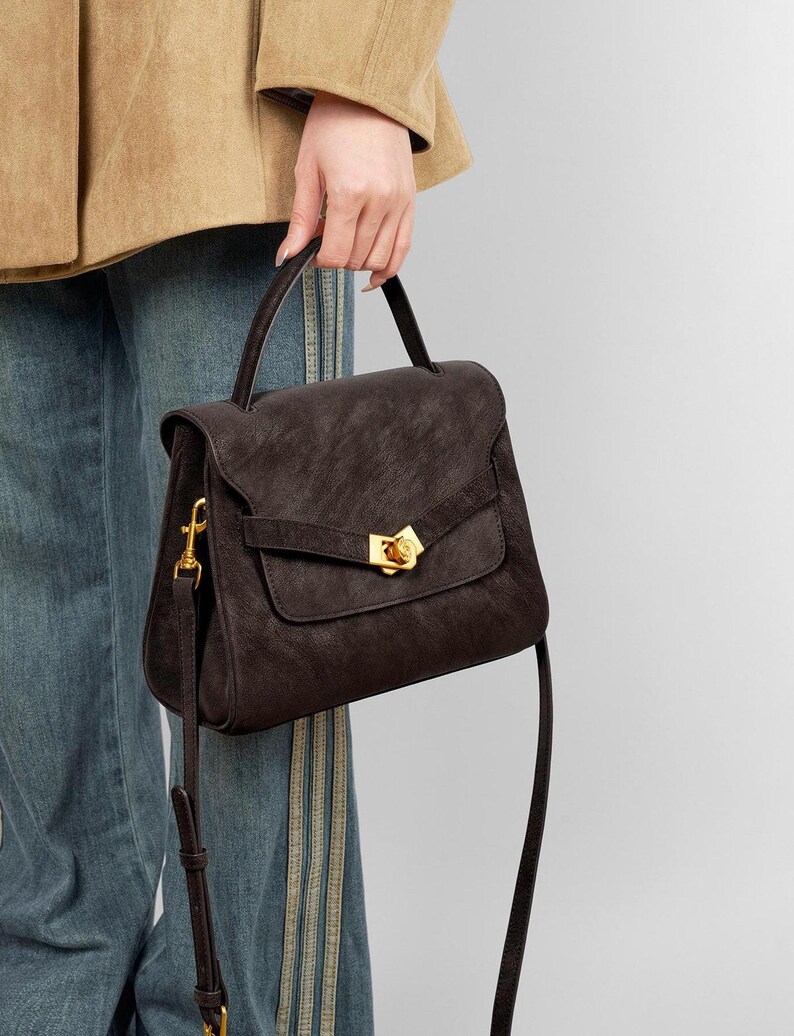 Vintage Leather Top Handle Satchel, Handmade Cowhide Crossbody Bag, Classic Structured Leather Handbag, Everyday Minimalist Purse image 16