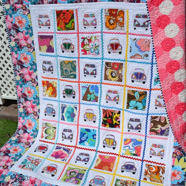 Modern Pop Art Quilt Hippie Patchwork VW Bug Flower Power Mod Kitch Boho Chic Colorful Hipster Funky Handmade Large Throw Small Twin