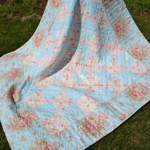 CLEARANCE ~ Handmade Quilt Cottage Chic Beach  Chic Robins Egg Blue and Pink Roses floral vintage look Quilt