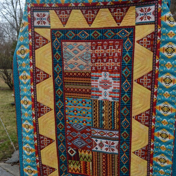 Handmade Southwest Quilt Aztec Native Navajo Indian Western Seminole Bedding Chevron Beaded Ikat Weaving Small Twin or Large Throw Quilt