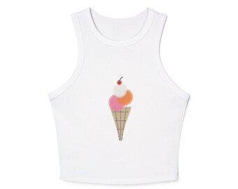 Koszulka bez rękawów z motywem lodów w rożku | Pastelowa, graficzna, skrócona, prążkowana koszula