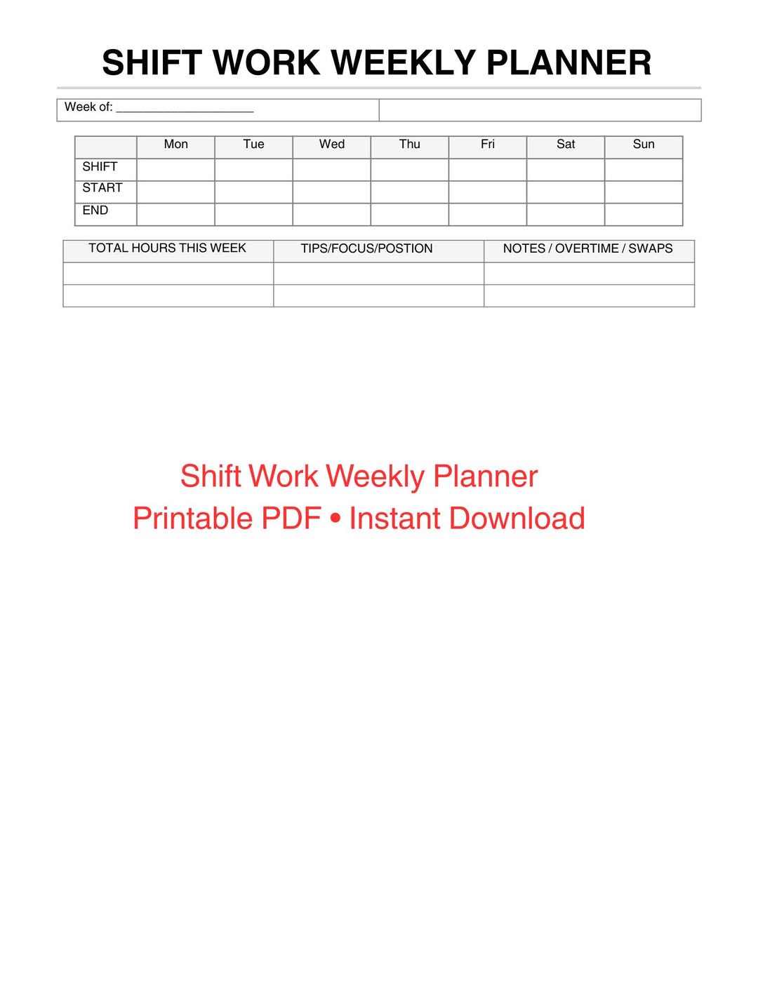 Shift Work Weekly Planner Printable | Rotating Schedule Tracker PDF ...