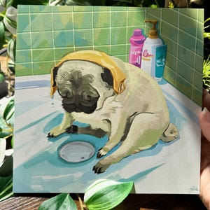 Könnte beinhalten: Ein quadratischer Kunstdruck zeigt einen beigen Mops mit schwarzer Schnauze und gelber Duschhaube, der in einer hellblauen Badewanne mit Abfluss sitzt. Dahinter befinden sich grüne Fliesenwände und drei bunte Flaschen mit Badezusätzen.