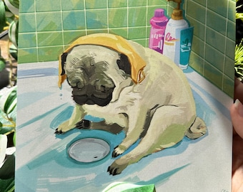 May include: A square art print featuring a fawn pug with a black muzzle wearing a yellow shower cap, sitting in a light blue bathtub with a drain. Behind the pug are green tiled walls and three colorful bottles of bath products.