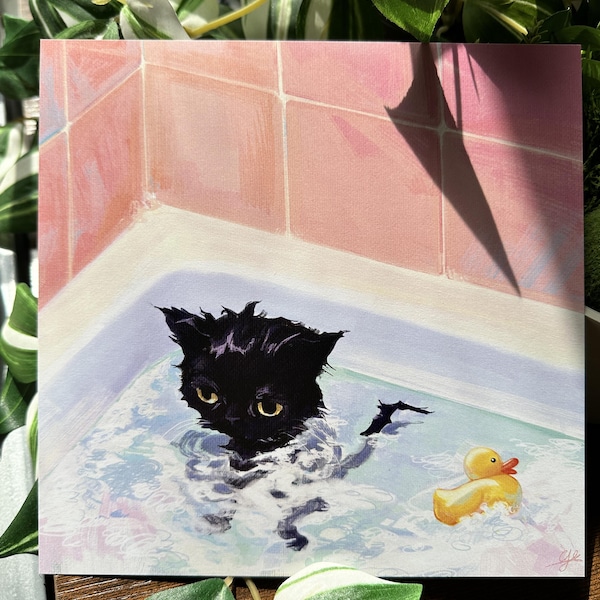 Liten katt som badar | Konsttryck 20x20 cm