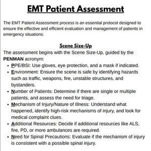 Puede incluir: Documento blanco con el título "EMT Patient Assessment" en negrita negra. Describe el proceso de evaluación de pacientes por técnicos de emergencias médicas, incluyendo la evaluación de la escena y el acrónimo PENMAN.
