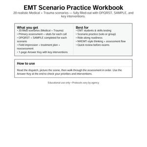 Puede incluir: Un libro de trabajo blanco titulado "EMT Scenario Practice Workbook" con texto negro. El libro de trabajo incluye 20 escenarios médicos y de trauma, información de evaluación y una clave. Está diseñado para estudiantes de EMT y pruebas de habilidades.