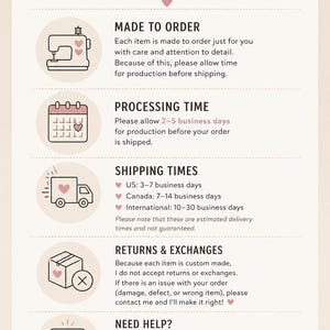 May include: A shop policies information card with a cream background and dark text. It features five sections with icons: a sewing machine for made to order, a calendar for processing time, a truck for shipping, a box for returns, and an envelope for help.