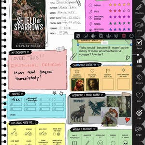 May include: Digital book review on a tablet. The review features the book "Shield of Sparrows" by Devney Perry, with notes, ratings, and a quote. The review is in a digital notebook format with colourful sticky notes and check boxes.