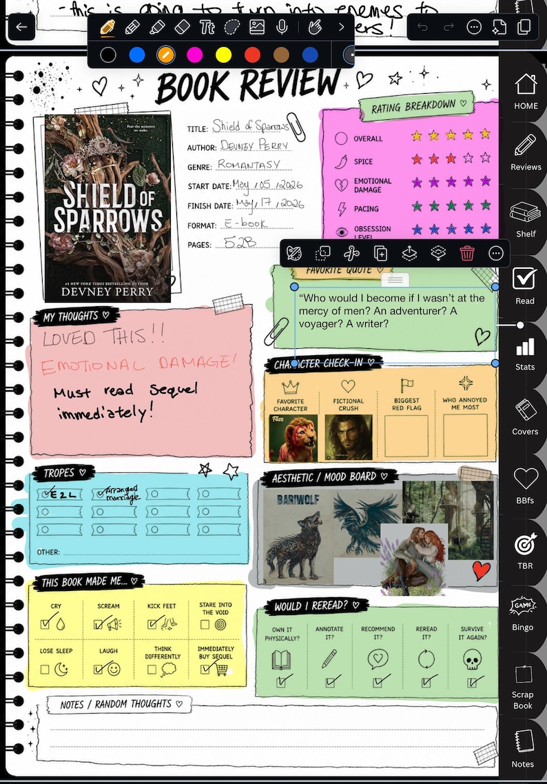 May include: Digital book review on a tablet. The review features the book "Shield of Sparrows" by Devney Perry, with notes, ratings, and a quote. The review is in a digital notebook format with colourful sticky notes and check boxes.