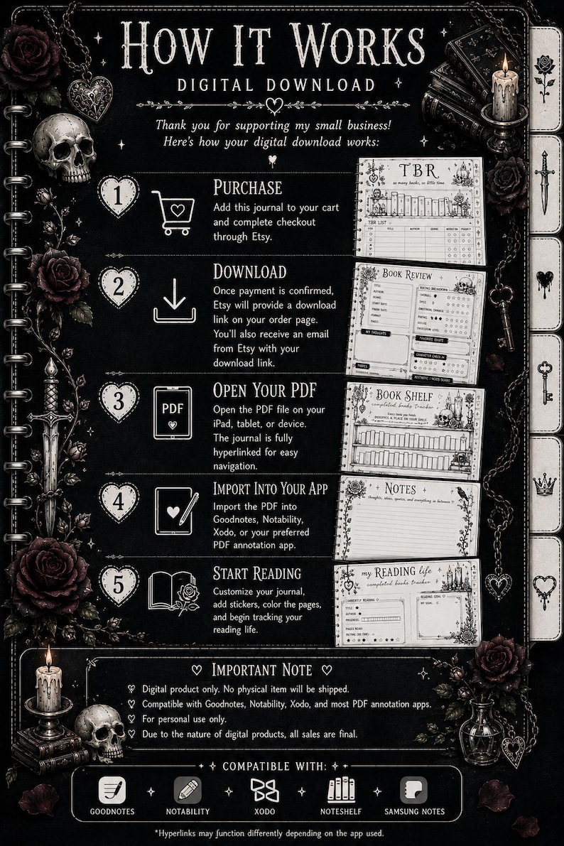 Dark Romance Digital Reading Journal for Goodnotes & Notability Hyperlinked Book Tracker Planner BookTok Journal | Coloring Reading Journal image 3