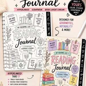 以下が含まれることがあります： ピンクと紫の配色が特徴の、カスタマイズ可能な読書ジャーナル。読書記録、お気に入りのレビュー、スクラップブッキングのセクションが含まれています。「Reading Journal」と「My Reading Life」のテキストがデザインされています。
