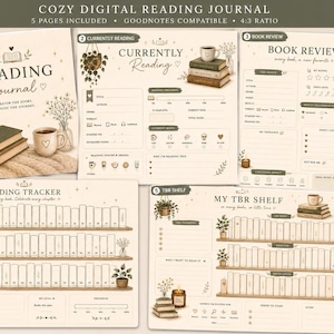 May include: Digital reading journal with a cozy theme. The journal includes a cover page, book review, reading tracker, and TBR shelf pages. The pages feature illustrations of books, candles, plants, and coffee cups. The text on the cover reads "Reading Journal".