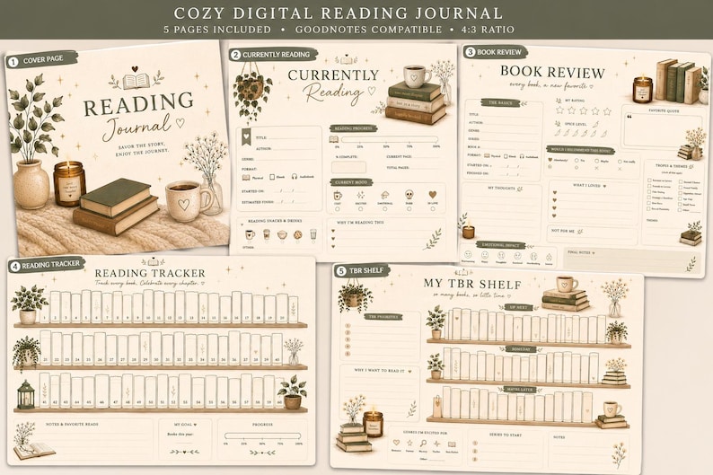 May include: Digital reading journal with a cozy theme. The journal includes a cover page, book review, reading tracker, and TBR shelf pages. The pages feature illustrations of books, candles, plants, and coffee cups. The text on the cover reads "Reading Journal".