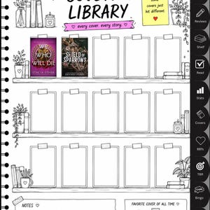May include: A black and white Cover Library notebook page with the text "COVER LIBRARY" and "every cover. every story." Two book covers are visible. The page includes shelves, clipboards, and space for notes and favourite covers.