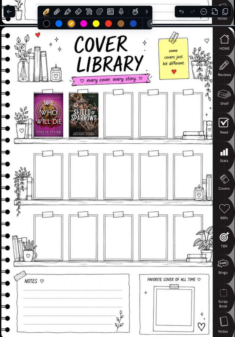 May include: A black and white Cover Library notebook page with the text "COVER LIBRARY" and "every cover. every story." Two book covers are visible. The page includes shelves, clipboards, and space for notes and favourite covers.