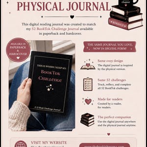 May include: Digital reading journal based on a physical journal, with text "This is where I keep my: BookTok Challenge". Includes a stack of books, a mug, and website information. Available in paperback and hardcover.