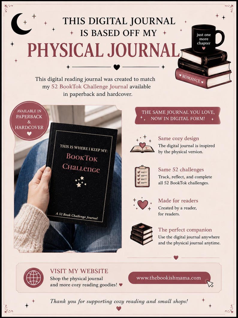 May include: Digital reading journal based on a physical journal, with text "This is where I keep my: BookTok Challenge". Includes a stack of books, a mug, and website information. Available in paperback and hardcover.