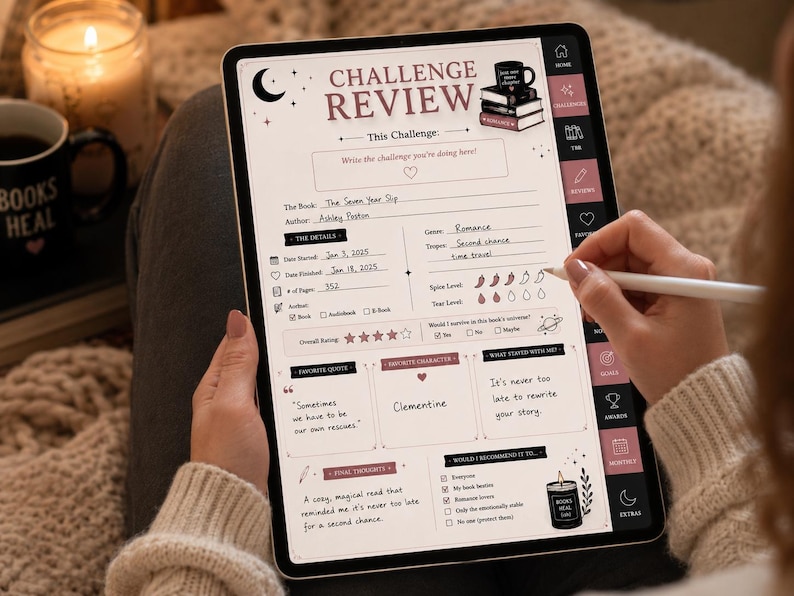 May include: A person uses a stylus to write on a digital tablet displaying a book review template. The template includes sections for book details, ratings, and quotes. A mug with the words "BOOKS HEAL" sits nearby.