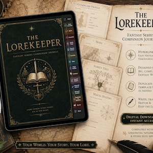Può includere: Un diario digitale intitolato The Lorekeeper visualizzato sullo schermo di un tablet, con una copertina verde scuro, testo dorato e un emblema centrale con libro e spada. L'interfaccia include un menu laterale e varie pagine modello.