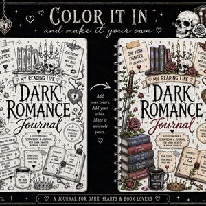 May include: A spiral-bound Dark Romance Journal featuring two versions of the same cover design. The left side is black and white, while the right side is colored. Both feature illustrations of skulls, books, candles, and text including My Reading Life.