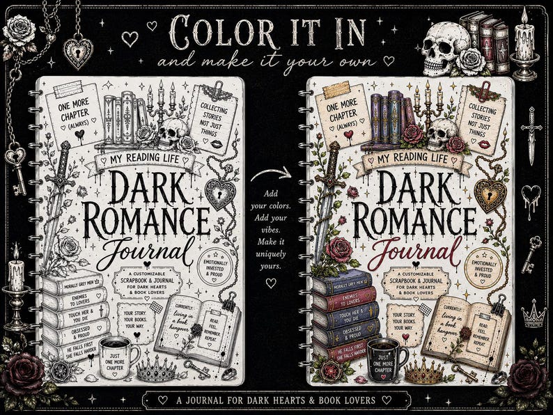 May include: A spiral-bound Dark Romance Journal featuring two versions of the same cover design. The left side is black and white, while the right side is colored. Both feature illustrations of skulls, books, candles, and text including My Reading Life.
