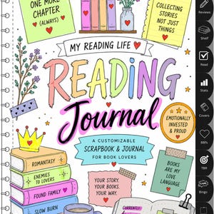 May include: A vibrant reading journal with the title "Reading Journal" in large, multi-coloured letters. The journal features illustrations of books, a coffee mug, and handwritten notes. The journal is designed for book lovers and includes the text "A Customizable Scrapbook & Journal for Book Lovers."
