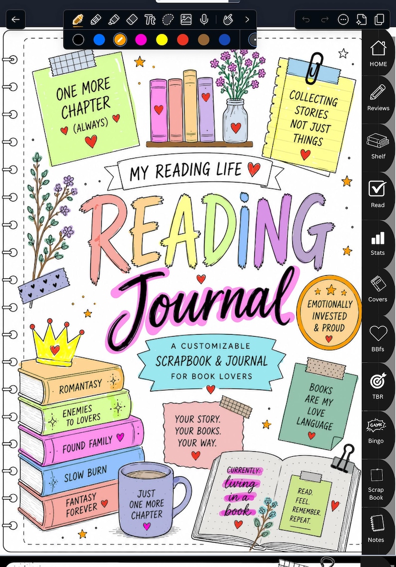 May include: A vibrant reading journal with the title "Reading Journal" in large, multi-coloured letters. The journal features illustrations of books, a coffee mug, and handwritten notes. The journal is designed for book lovers and includes the text "A Customizable Scrapbook & Journal for Book Lovers."