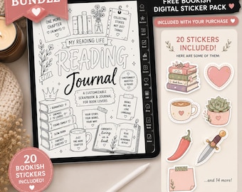 Anpassningsbar digital läsdagbok | Hyperlänkad Goodnotes BookTok-planerare + gratis bokklistermärken
