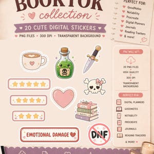 BookTok digitala klistermärken för GoodNotes | Mysiga läsdagboksklistermärken | Söt PNG-klistermärkespaket | Digitala planerarklistermärken för bokälskare bild 1