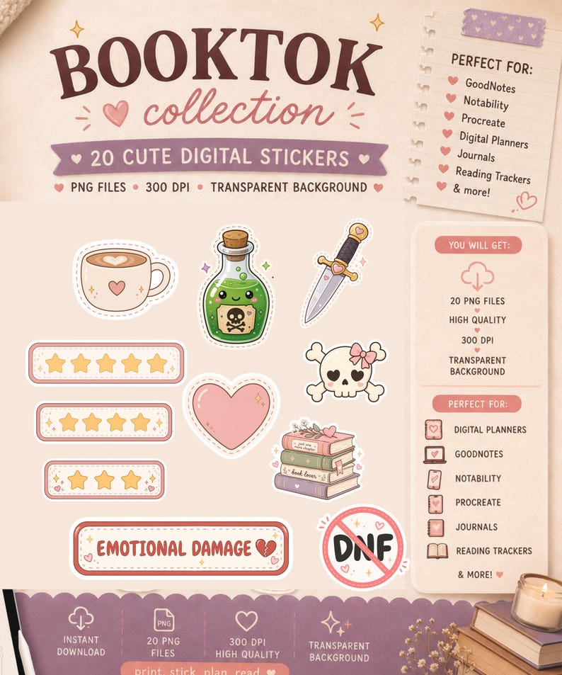 BookTok digitala klistermärken för GoodNotes | Mysiga läsdagboksklistermärken | Söt PNG-klistermärkespaket | Digitala planerarklistermärken för bokälskare bild 1