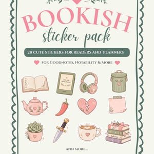 以下が含まれることがあります： ピンク色の「BOOKISH sticker pack」という文字と、薄緑色の縁取りがあるステッカーパック。読者やプランナー向けの20個のかわいいステッカーが含まれており、本、Kindle、ヘッドフォン、ティーポットなどが特徴です。