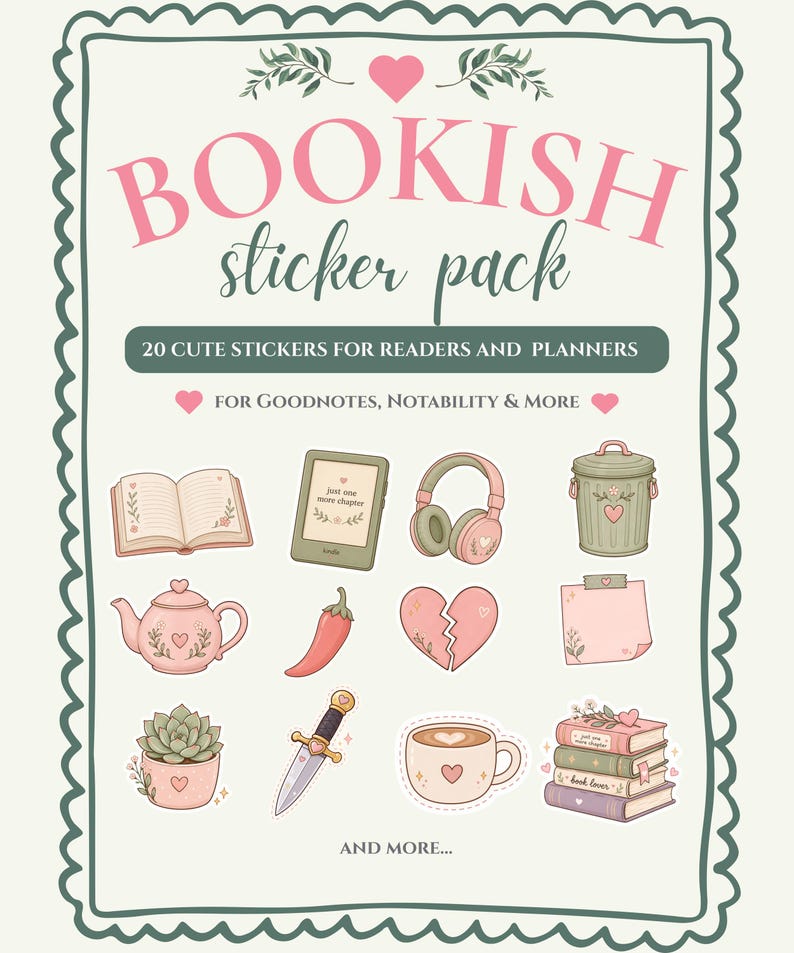 以下が含まれることがあります： ピンク色の「BOOKISH sticker pack」という文字と、薄緑色の縁取りがあるステッカーパック。読者やプランナー向けの20個のかわいいステッカーが含まれており、本、Kindle、ヘッドフォン、ティーポットなどが特徴です。