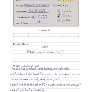 May include: A handwritten book review with the title "The Ascended" by Grenwich and Lennox. The review includes a rating, start and finish dates, and a quote: "Love. What a cursed, vicious thing."