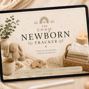 以下が含まれることがあります： デジタルタブレットには、ウサギ、カップ、木製の象が描かれた「The Cozy Newborn Tracker」が表示されています。画面には虹のグラフィックと「Track the tiny moments, celebrate the big ones」というテキストが表示されています。ろうそく、ベビー服、ペンも表示されています。