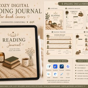 May include: Digital reading journal for book lovers. The image shows a tablet with the words "Reading Journal" and a cozy aesthetic. Includes 5 pages, compatible with Goodnotes. Features a reading tracker and book review pages.