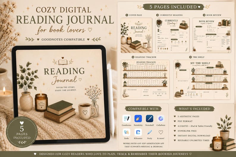 May include: Digital reading journal for book lovers. The image shows a tablet with the words "Reading Journal" and a cozy aesthetic. Includes 5 pages, compatible with Goodnotes. Features a reading tracker and book review pages.