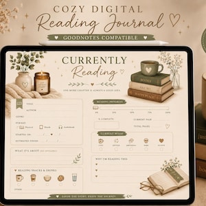 May include: Digital reading journal on a tablet, with a cozy theme. The journal features sections for tracking reading progress, mood, and snacks. A mug of coffee, books, and a candle are also visible.
