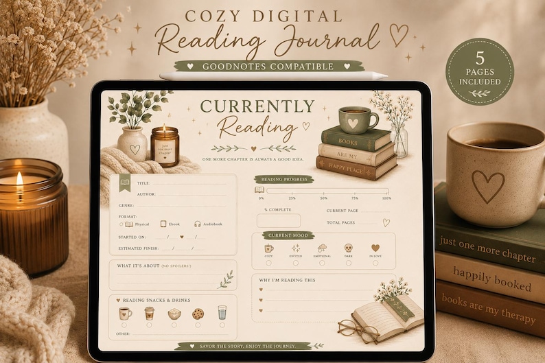 May include: Digital reading journal on a tablet, with a cozy theme. The journal features sections for tracking reading progress, mood, and snacks. A mug of coffee, books, and a candle are also visible.