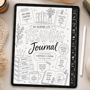 Puede incluir: Un diario de lectura digital en una tableta, con ilustraciones y texto dibujados a mano. La portada del diario dice "Reading Journal" e incluye secciones para notas y reseñas. El diseño es en blanco y negro con elementos decorativos.