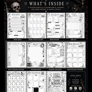 May include: A digital reading journal titled Dark Romance featuring hyperlinked pages with gothic illustrations including skulls, candles, and roses. The layout includes sections for a book shelf, reviews, TBR lists, reading trackers, and a scrapbook.